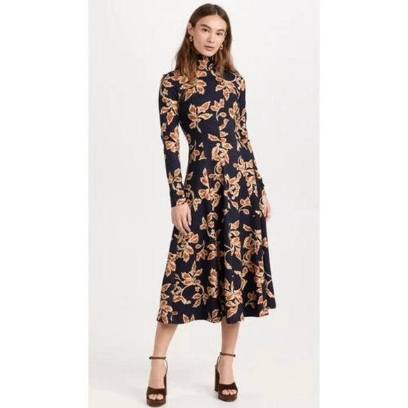 Tanya Taylor Floral Thea Dress Navy Orange Jersey Midi Turtle Neck Large. - Picture 1 of 13